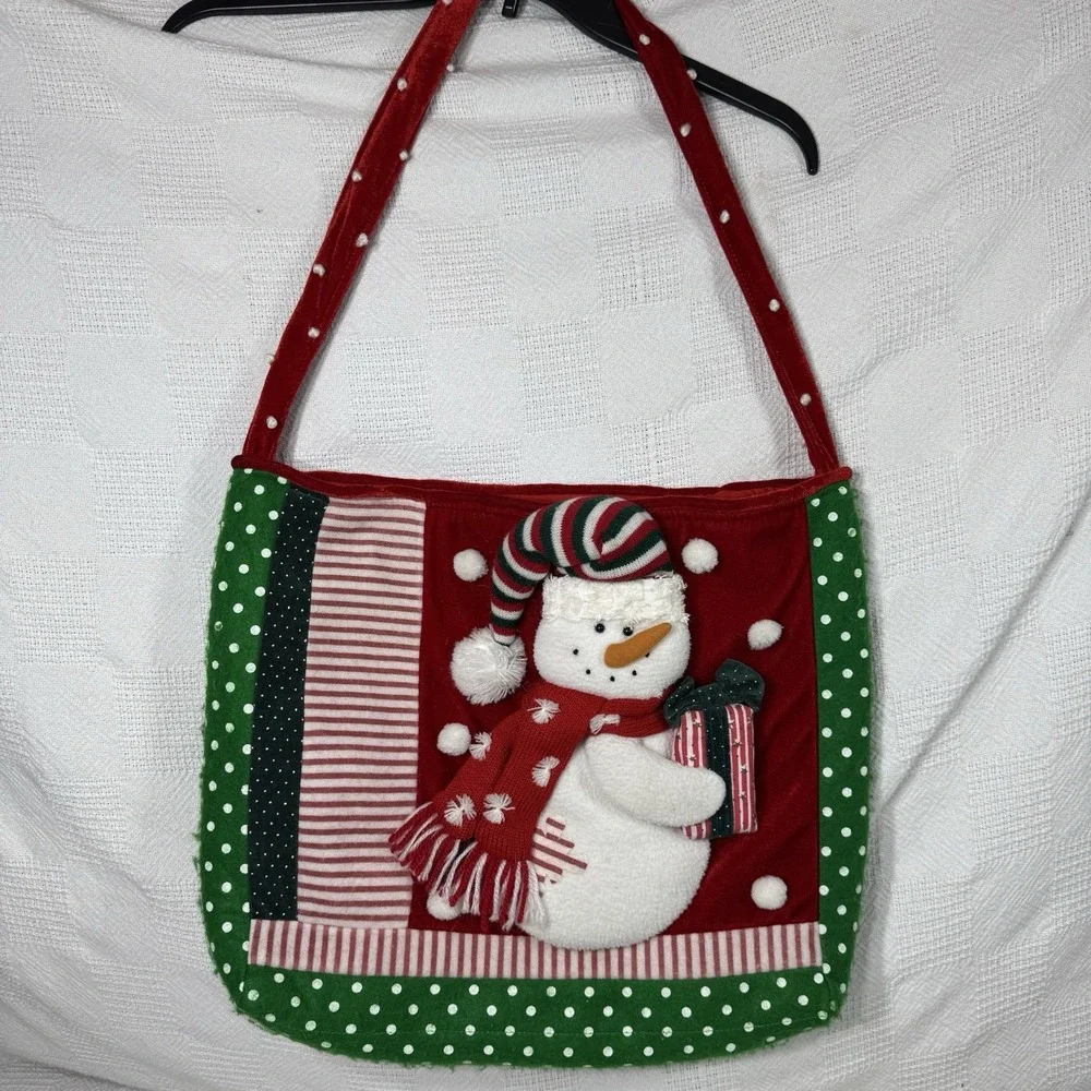 Christmas Red Fleece Hand Bag Purse‎ Tote with Snowman Polka Dot Handle Strap